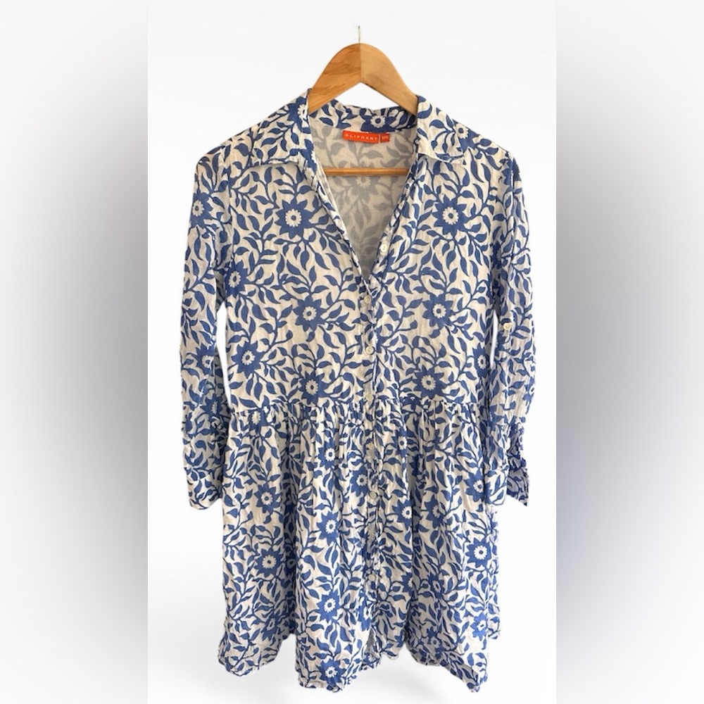 Oliphant Blue White Block Print Mini Shirt Dress Floral India Tuckernuck XXS